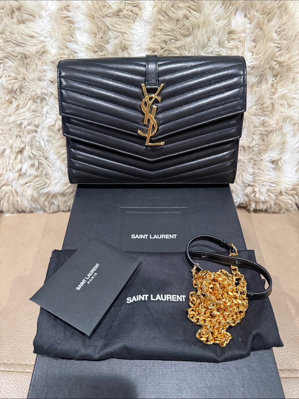 Saint Laurent Black Chevron Quilted Leather Shoulder Bag with Gold YSL